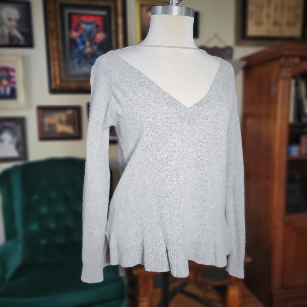 VERO MODA Womens Grey Wool VNeck‎ Pullover Ribbed Long Sleeve Sweater - Large
